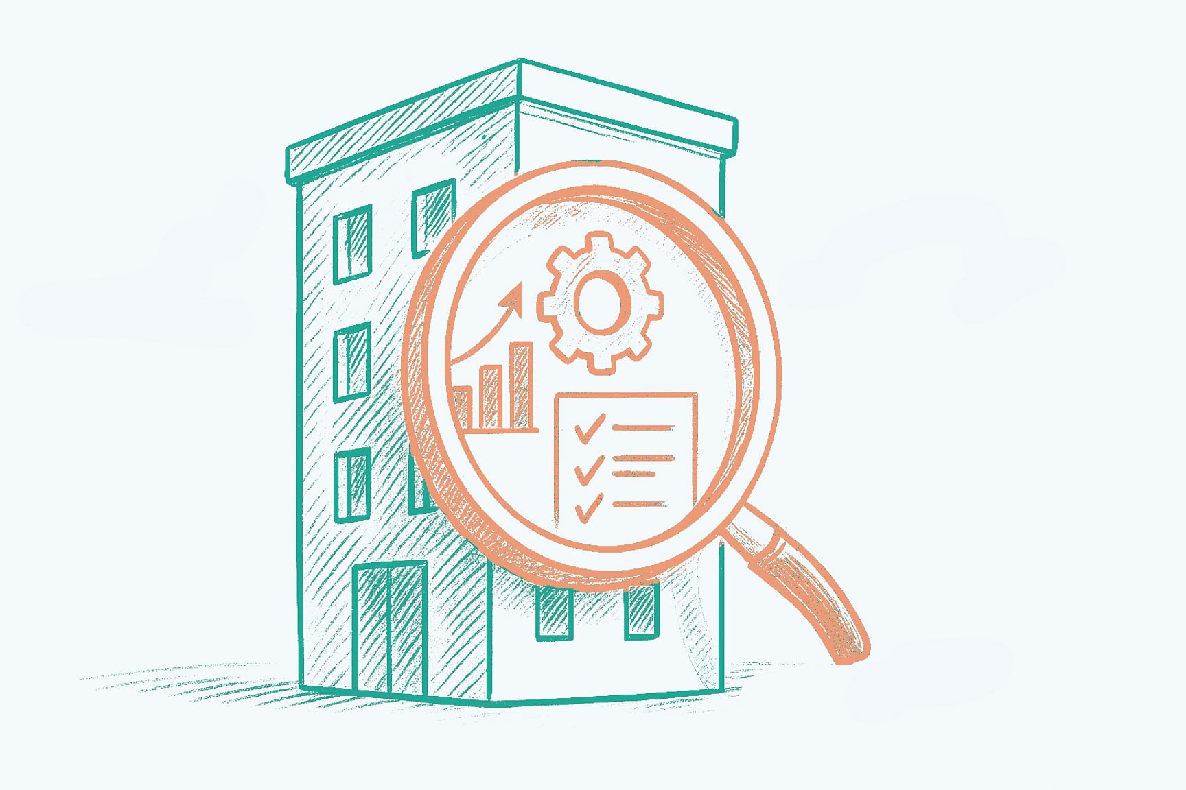 Een tekening van een gebouw waar er een vergrootglas voor staat dat meer inkijk geeft op het intern functioneren van de onderneming.